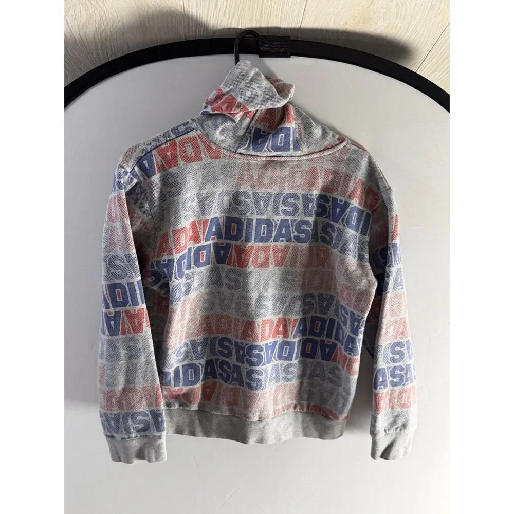 Adidas Youth L 14/16 All Over Logo Hoodie Gray Red Blue Graphic Pullover